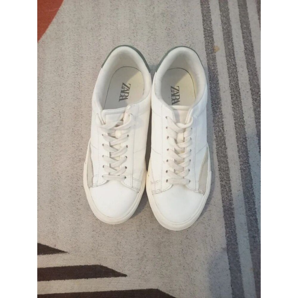 Zara White Retro Sneakers with Green Heel Tab